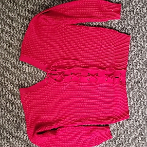 Cloth Lace Up Back V Neck Sweater Size X Small Red Ribbed Knit - Picture 2 of 7
